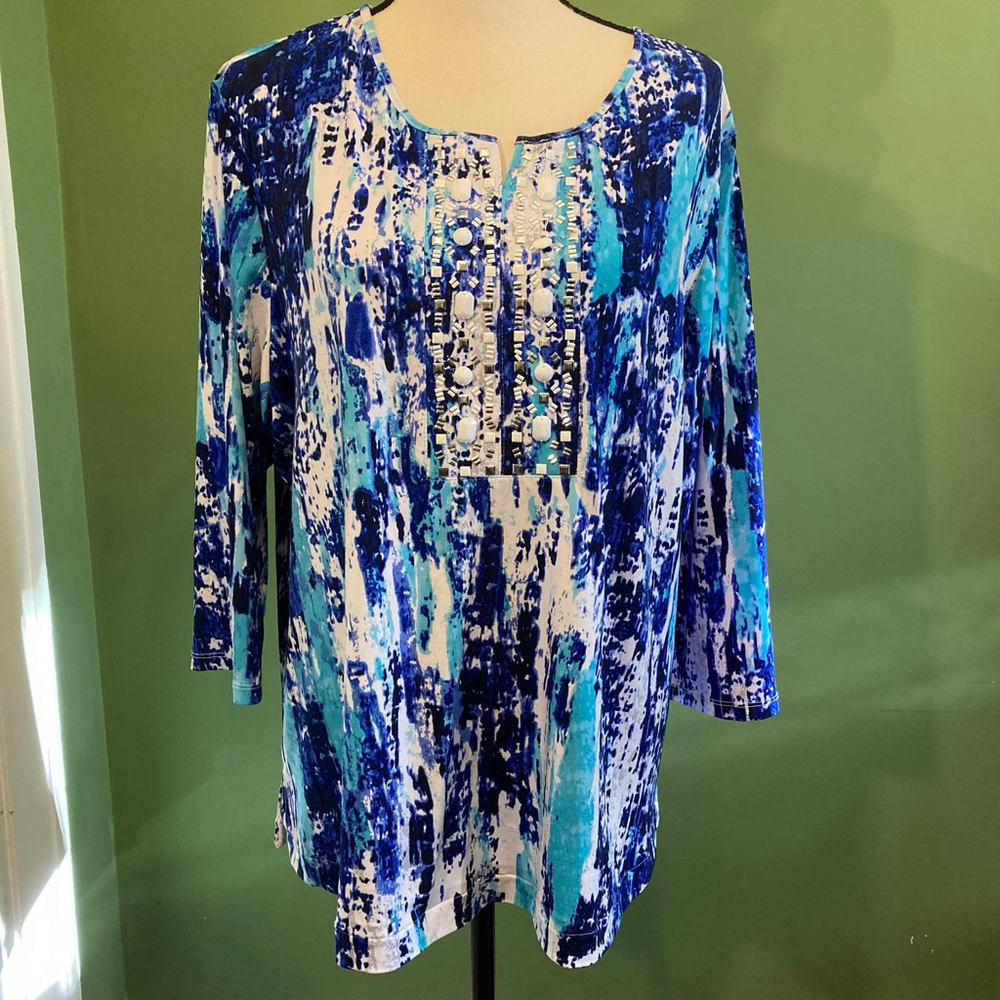 Women's Allison Daley Blue White Abstract Beaded Tunic Top